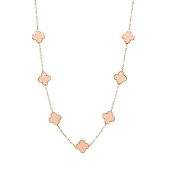 14K Solid Yellow Gold Station Pink Clover Necklace