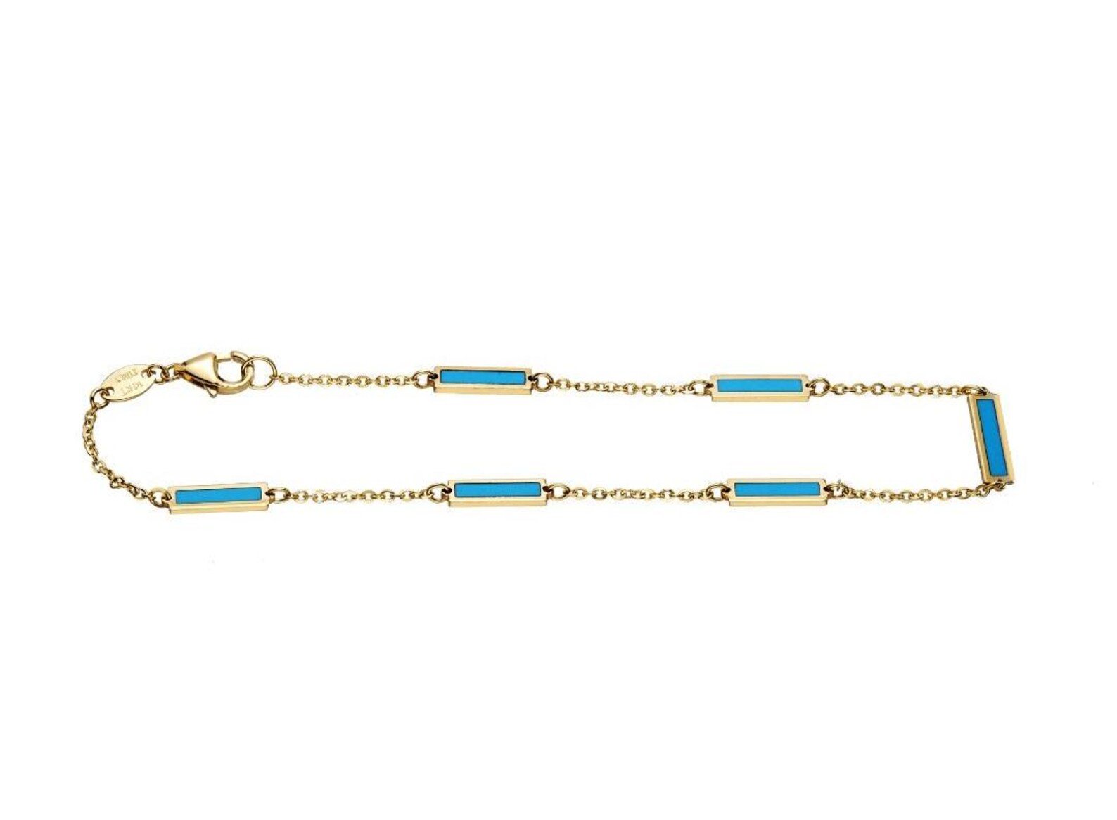 14K solid yellow gold turquoise bar bracelet, 7 inches long, featuring stunning turquoise bars in a chic design.