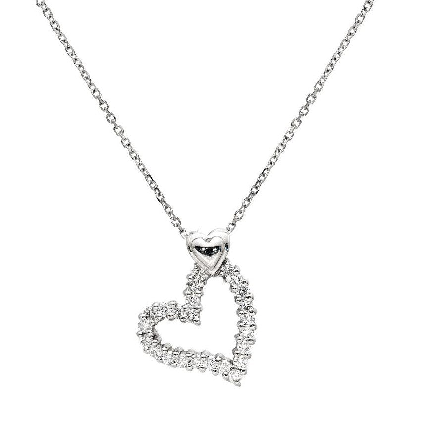 14K white gold heart diamond necklace with 22 sparkling diamonds, 0.35 carats, 18-inch chain, elegant design.