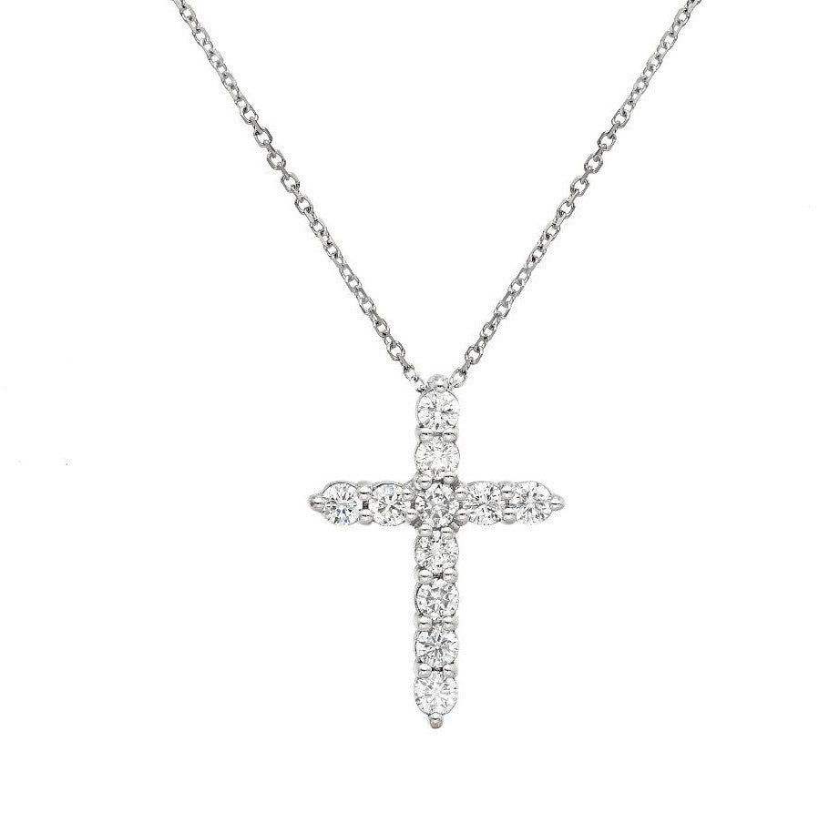 14K white gold cross necklace featuring 0.70 carat round natural diamonds with elegant sparkle.