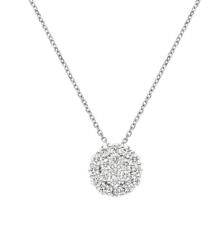 14K white gold diamond halo necklace with 0.40 carats of sparkling F-G color SI clarity diamonds on a 16-inch chain.