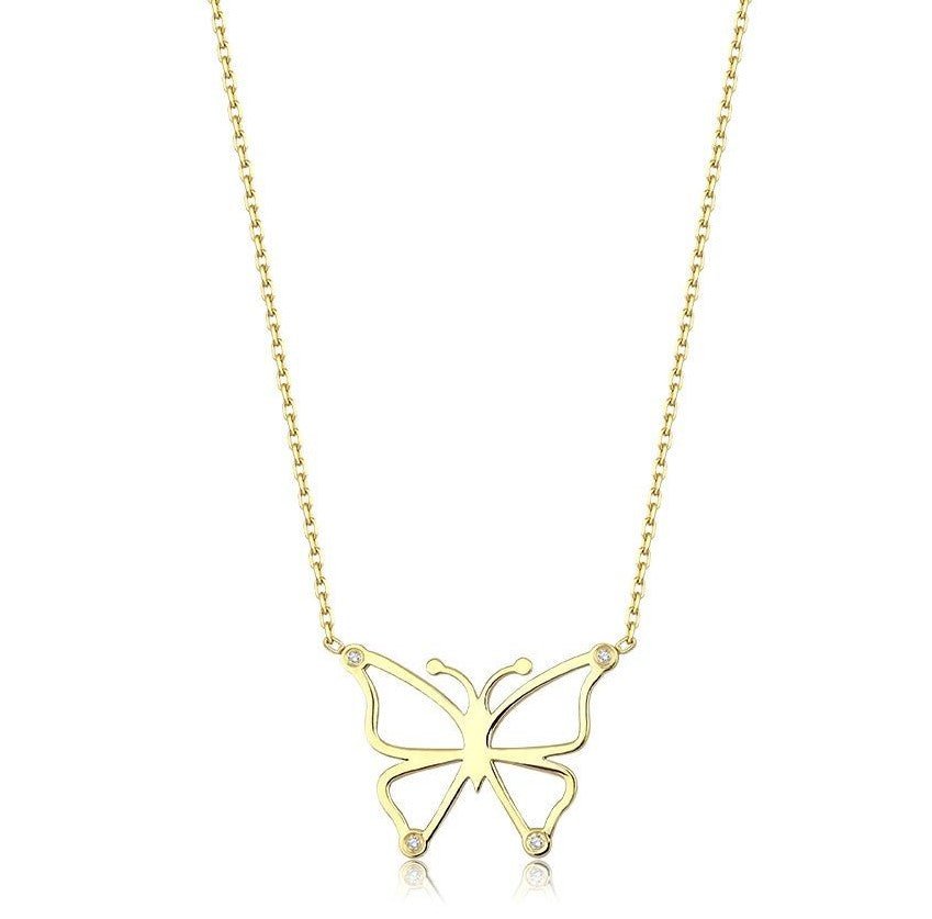 14K yellow gold diamond butterfly necklace with 16-inch chain and four diamonds totaling 0.01 Ct, elegant jewelry design.