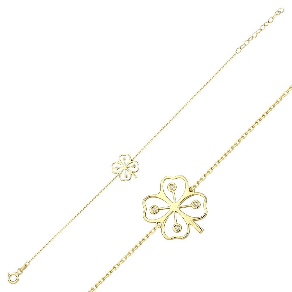 14K yellow gold diamond four leaf clover bracelet with dainty design, showcasing four diamonds and a delicate chain.
