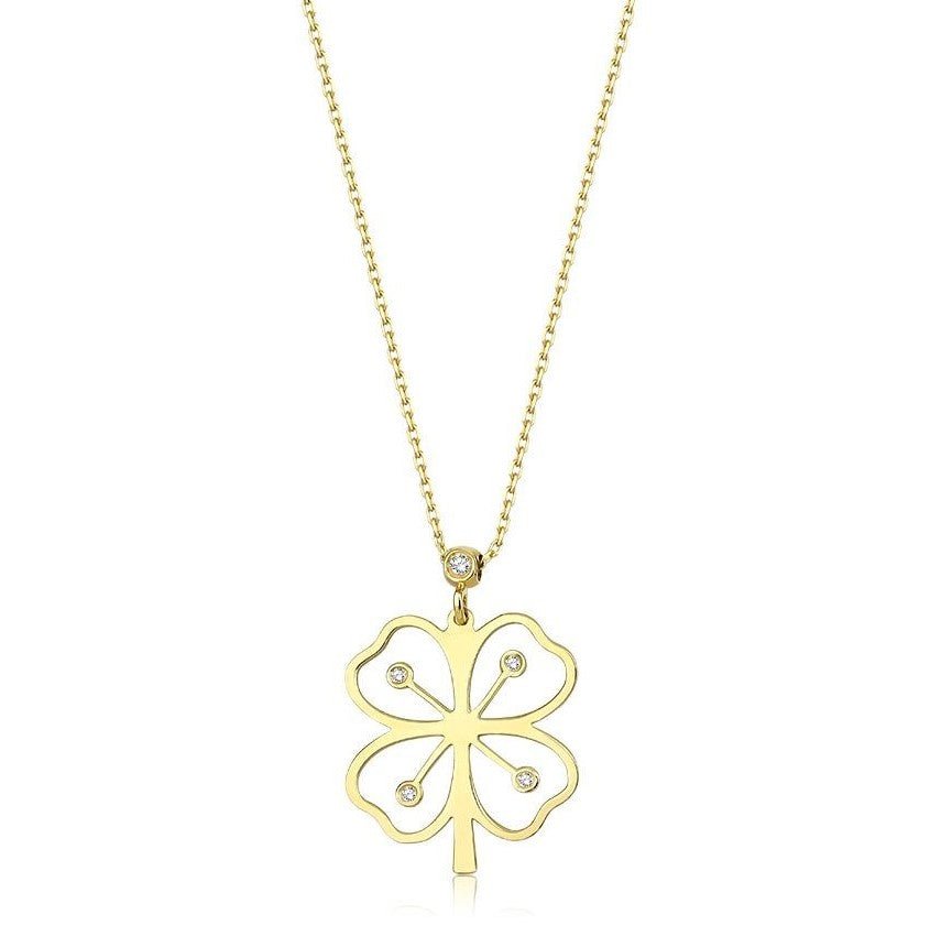 14K yellow gold four leaf clover necklace with diamond accents, 16 inches long, elegant and stylish accessory.