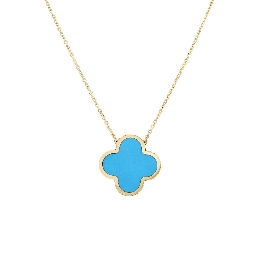 14K yellow gold large clover necklace with turquoise pendant, elegant and simple design, perfect for everyday wear.