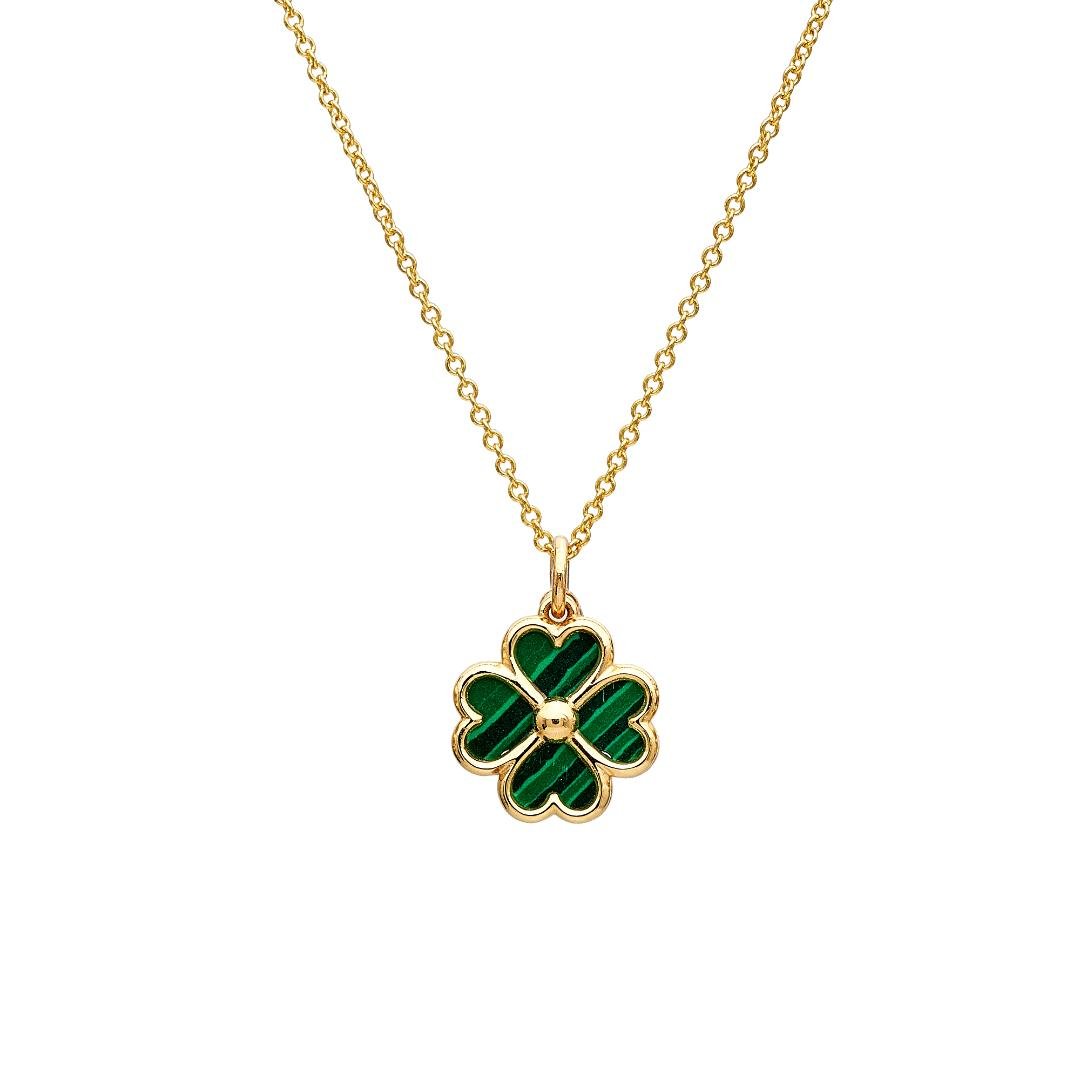 14K yellow gold malachite four leaf clover necklace with green pendant, 11mm width and length, 2.75mm thickness.