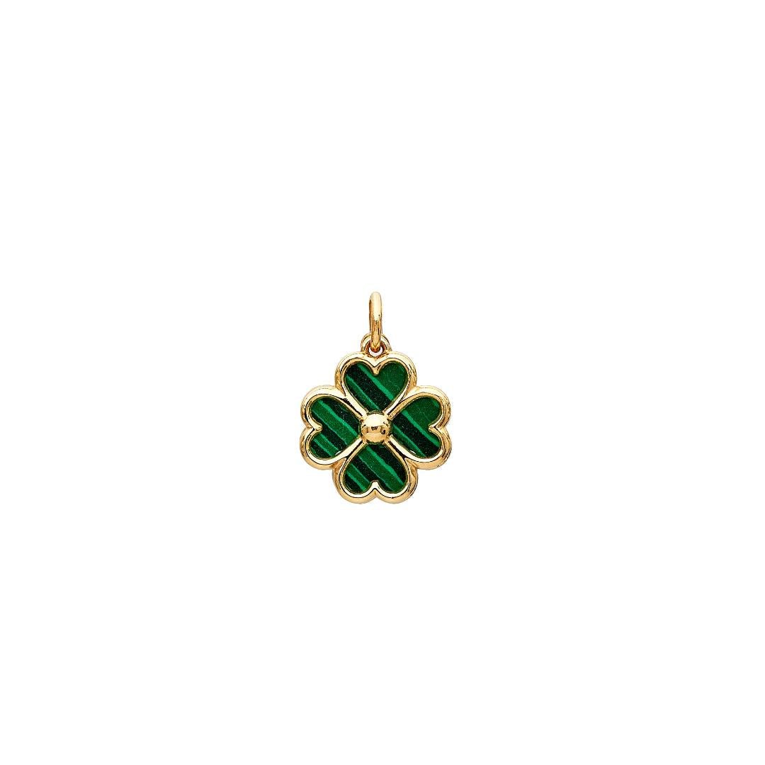 14K yellow gold four leaf clover pendant with malachite, 11mm x 11mm, elegant design for lucky charm jewelry.