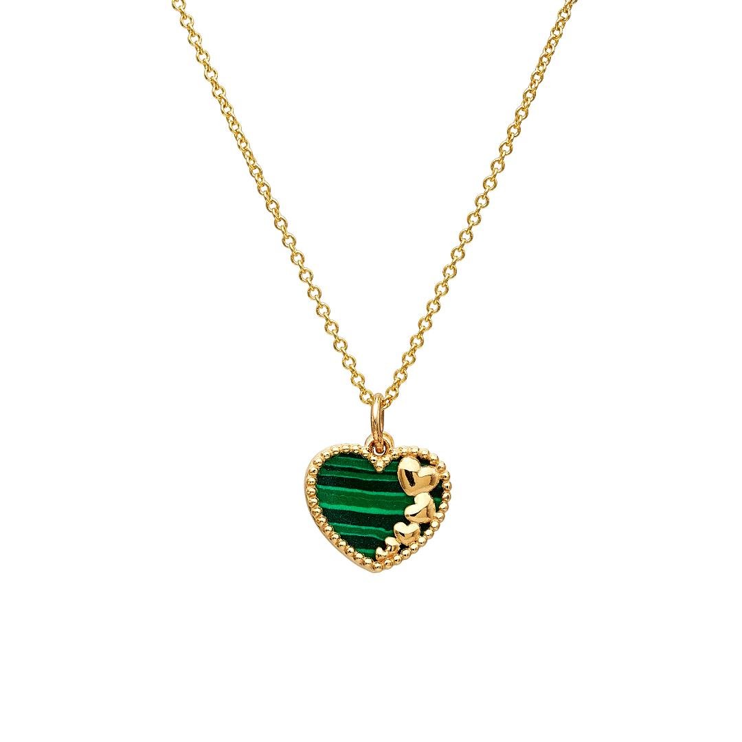 14K yellow gold malachite heart necklace, 11.50mm width, elegant jewelry for any occasion.
