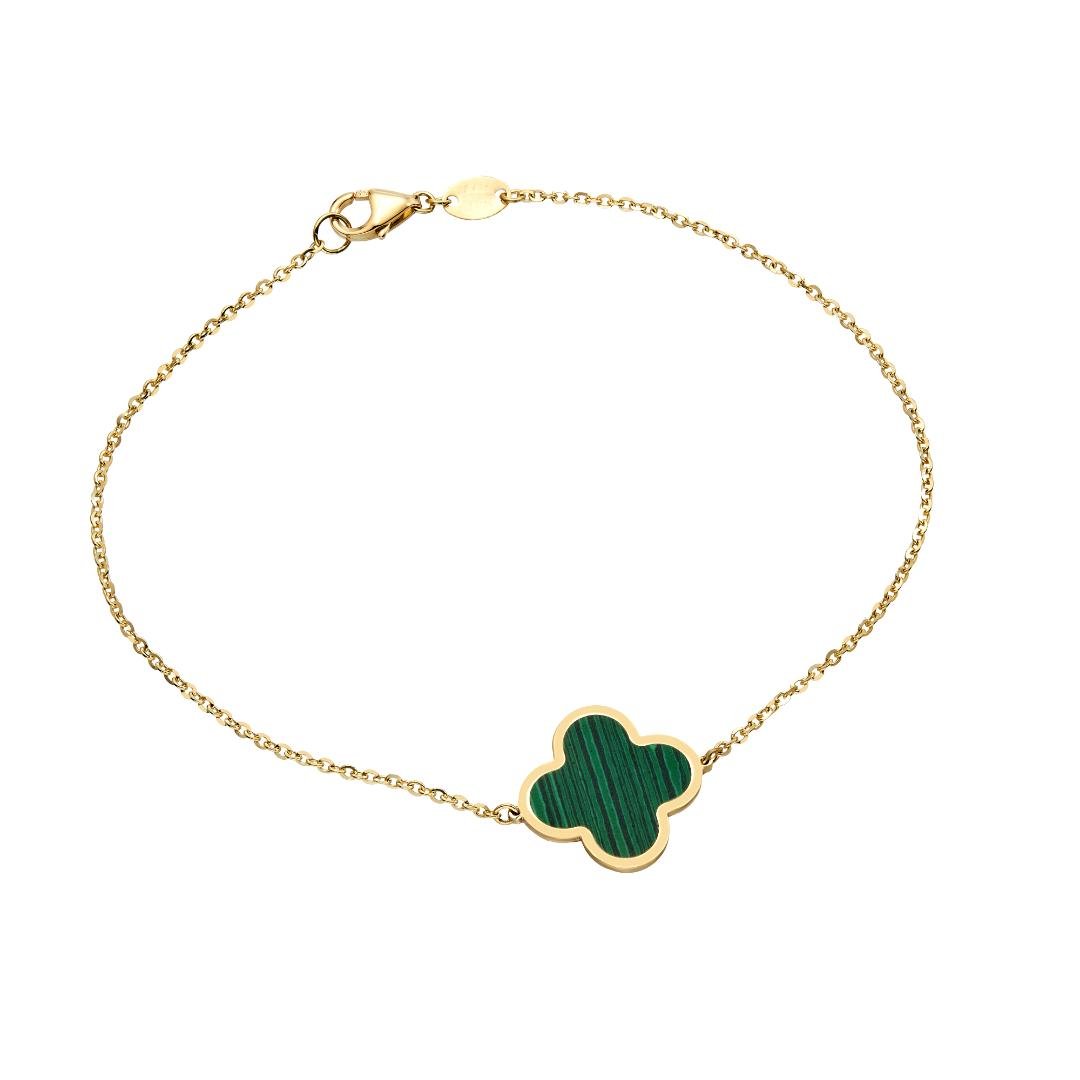 14K solid yellow gold malachite four leaf clover bracelet, 7-inch length, features a lobster claw clasp, comes in gift box.