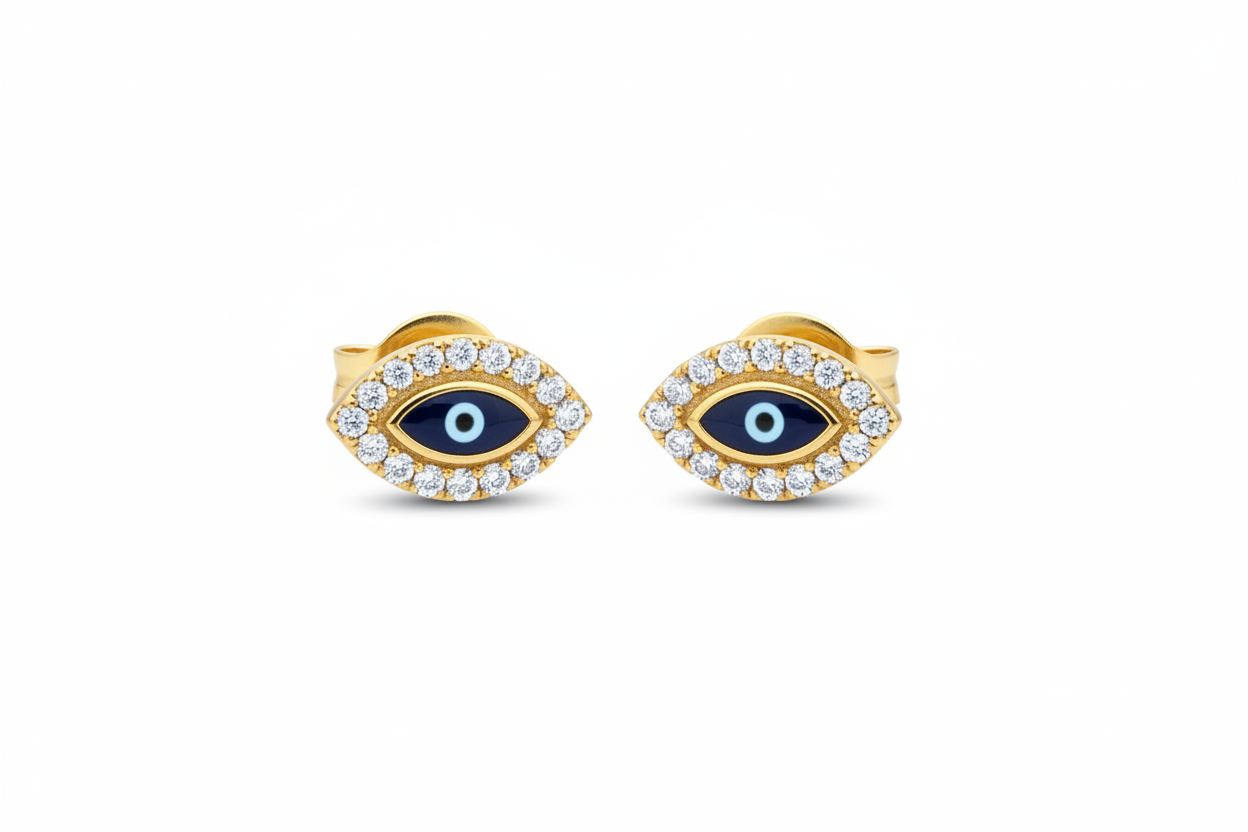 14K Yellow Gold Minimalist Evil Eye Stud Earrings