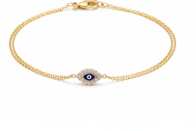 Pulsera minimalista con forma de ojo malvado de oro amarillo de 14 quilates