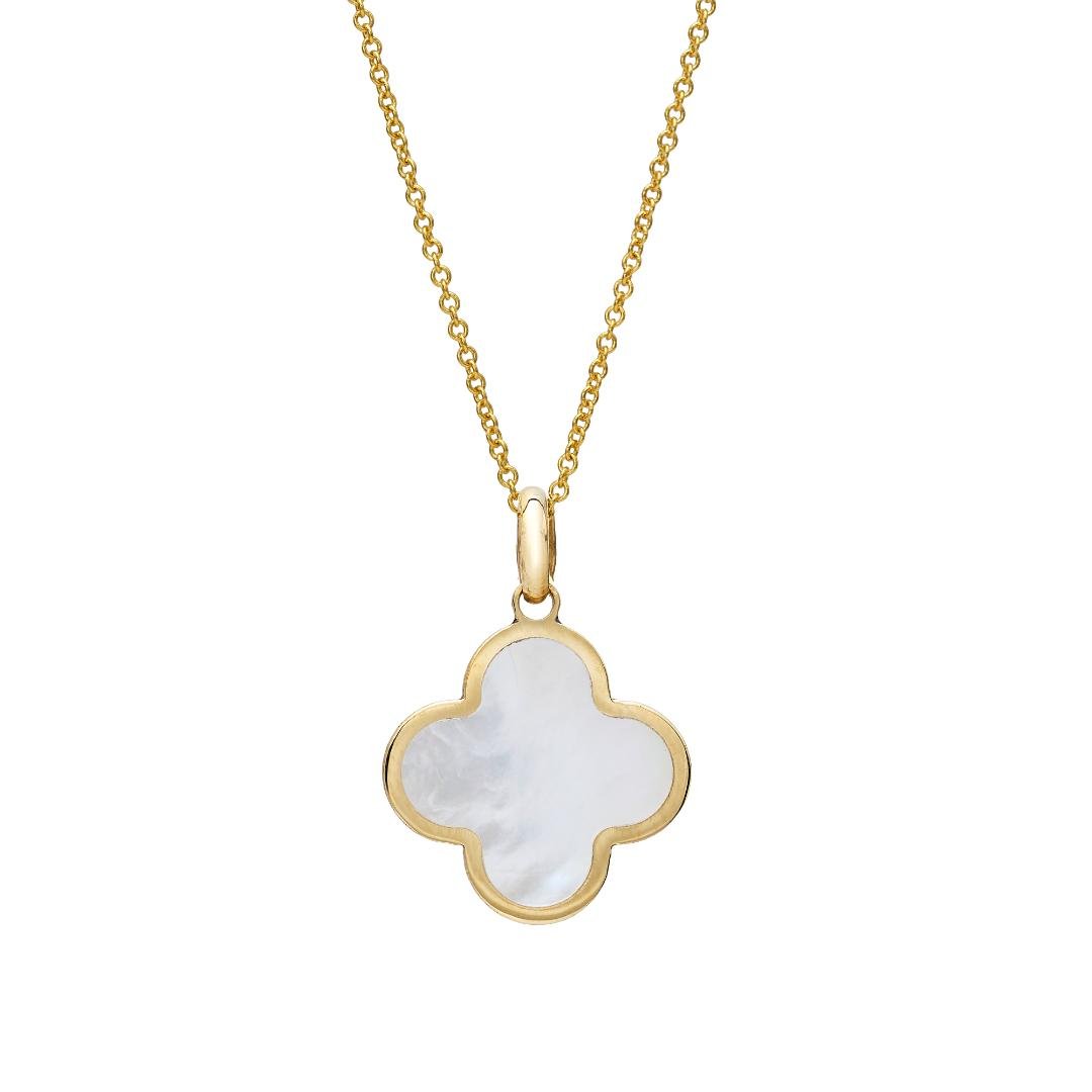14K yellow gold mother of pearl clover necklace pendant on a delicate chain, perfect for everyday wear.