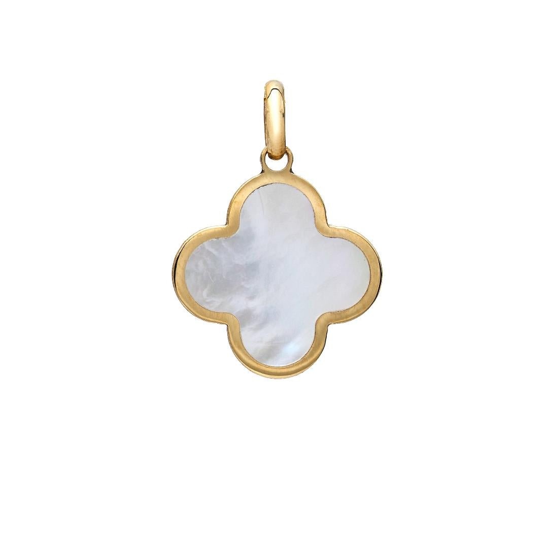 14K yellow gold mother of pearl clover pendant necklace, elegant and simple design perfect for everyday use.