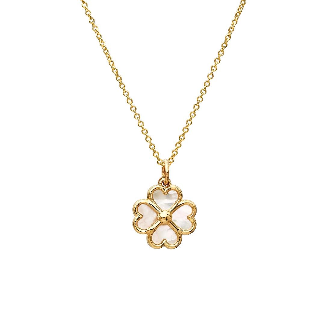 14K yellow gold necklace featuring a mother of pearl four leaf clover pendant, 11.5mm width and height.