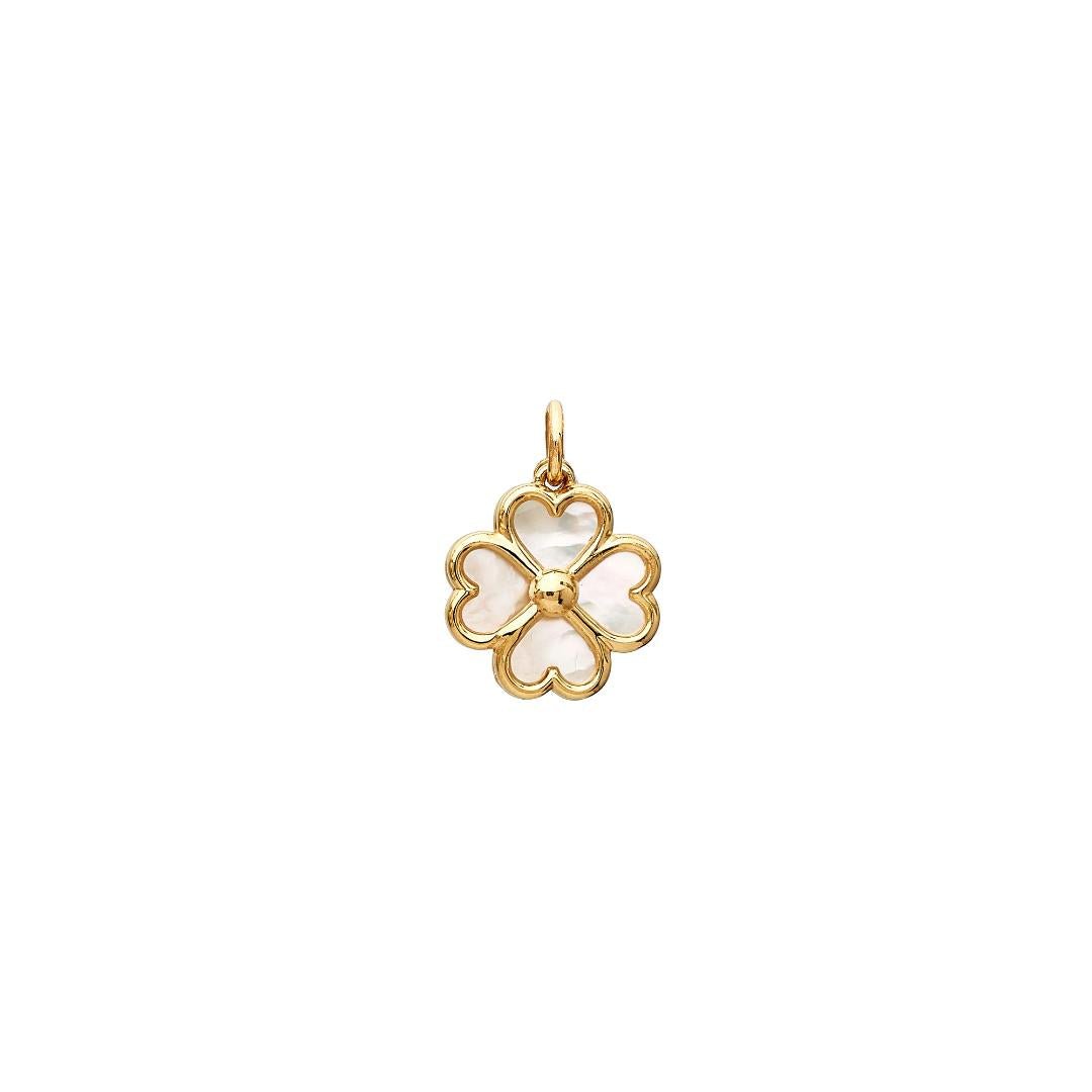 14K yellow gold four leaf clover pendant with mother of pearl, 11.5mm width, 2.4g weight, elegant jewelry piece.