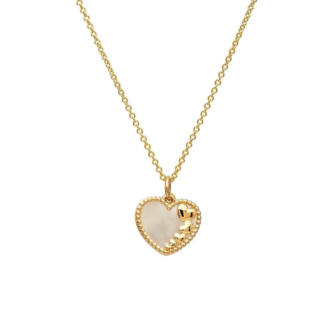 14K yellow gold heart necklace with mother of pearl pendant, delicate chain, feminine jewelry, elegant gift option.