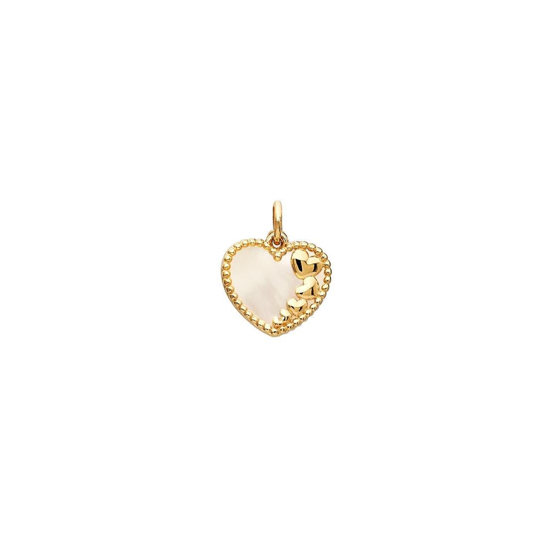 14K yellow gold heart pendant with mother of pearl, measuring 11.50mm, perfect for a necklace or charm.