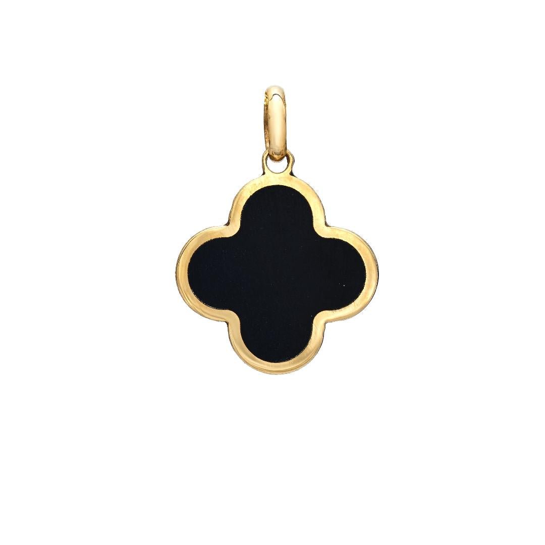 14K yellow gold onyx clover pendant necklace, dainty and elegant, perfect for everyday wear, 14mm size.
