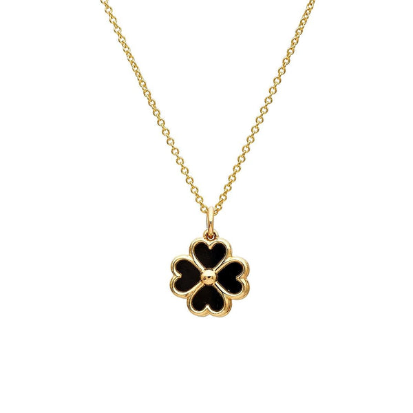 14K Yellow Gold Onyx Four Leaf Clover Necklace
