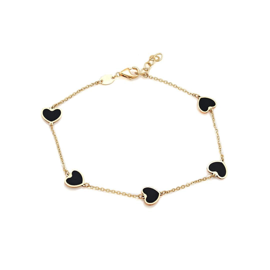 14K yellow gold onyx heart bracelet with five heart stations, adjustable length from 6.5 to 7 inches, elegant gift packaging.