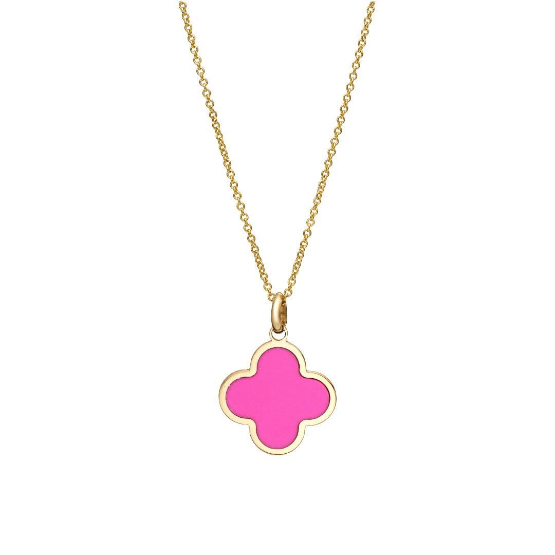 14K solid yellow gold clover pendant necklace with vibrant pink enamel design, perfect for everyday elegance.