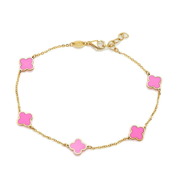 14K Yellow Gold Pink Four Leaf Clover Bracelet