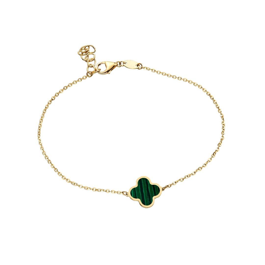 14K solid yellow gold clover bracelet featuring a malachite leaf charm, 7 inches long, elegant gift box included.