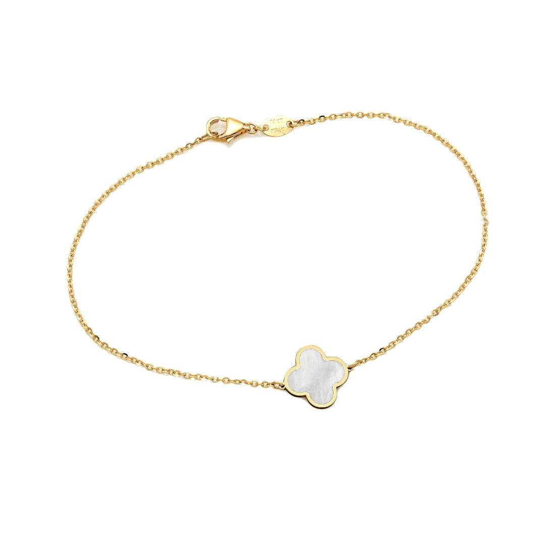 14K solid yellow gold bracelet with mother of pearl four leaf clover charm, 7 inches long, lobster claw clasp.