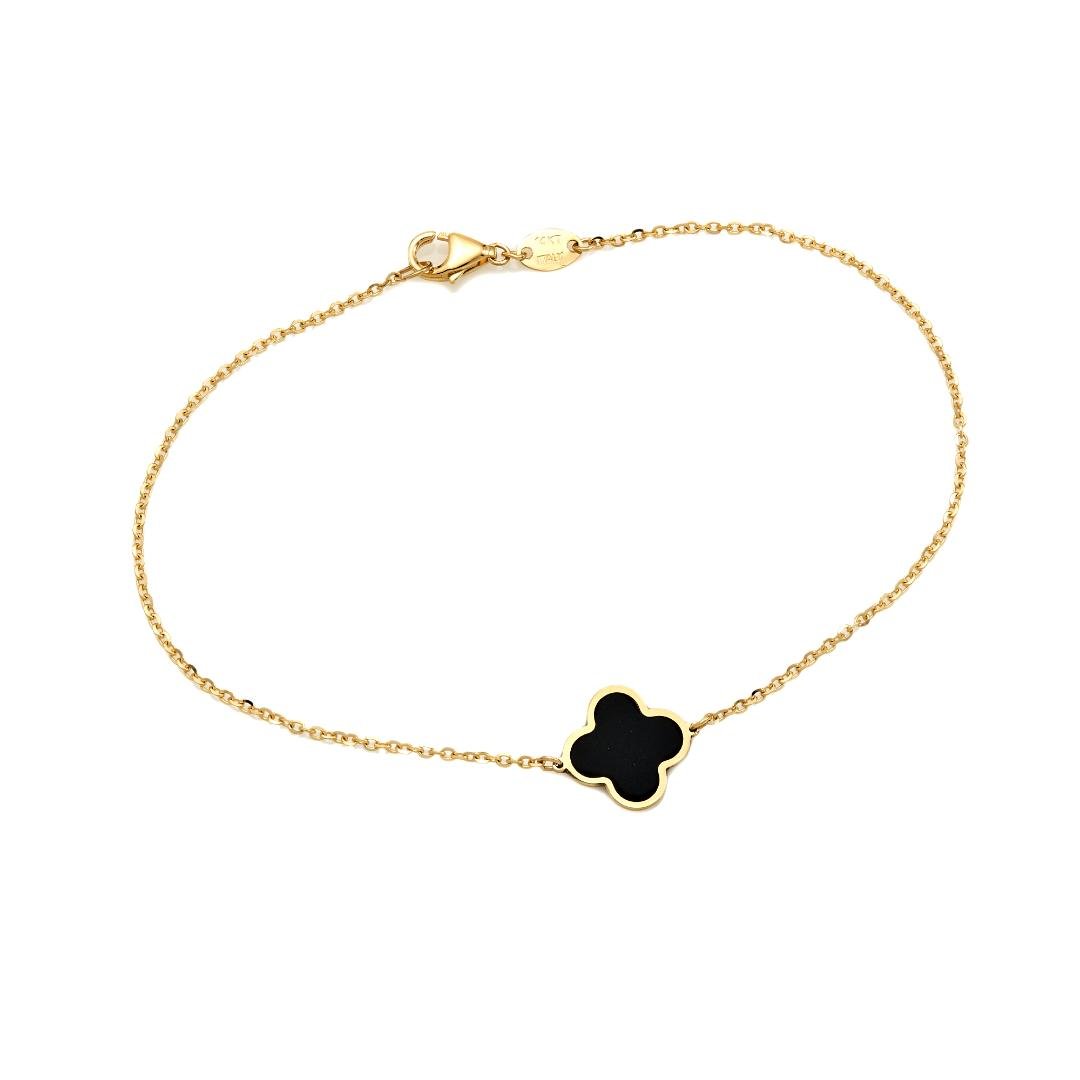 14K solid yellow gold bracelet with single black onyx four-leaf clover, 7 inches long, lobster claw clasp, elegant gift.