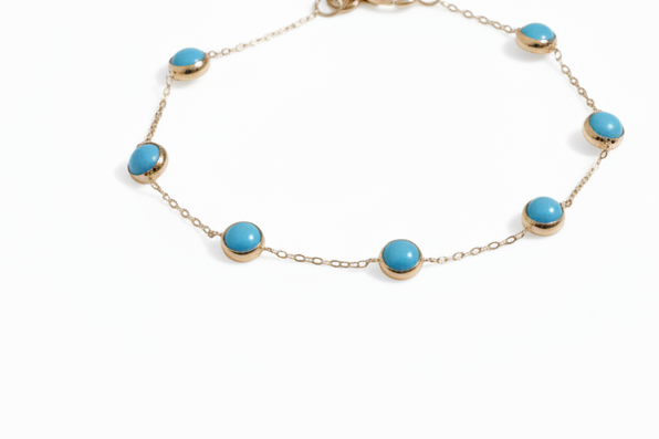 14K Yellow Gold Beaded Station Turquoise Bracelet