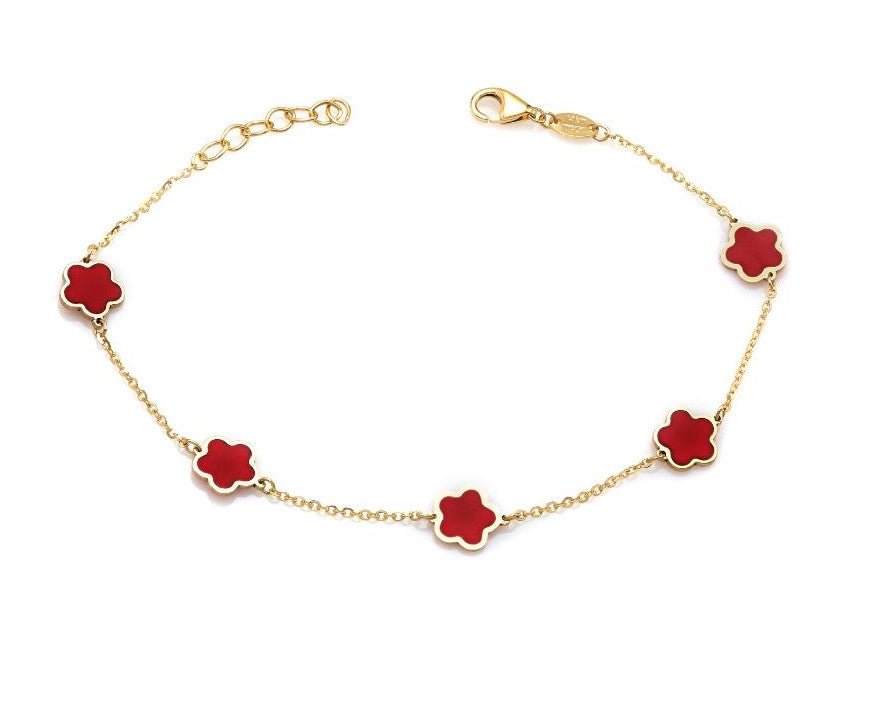 14K yellow gold bracelet featuring red flower charms, delicate and elegant, perfect for everyday wear.
