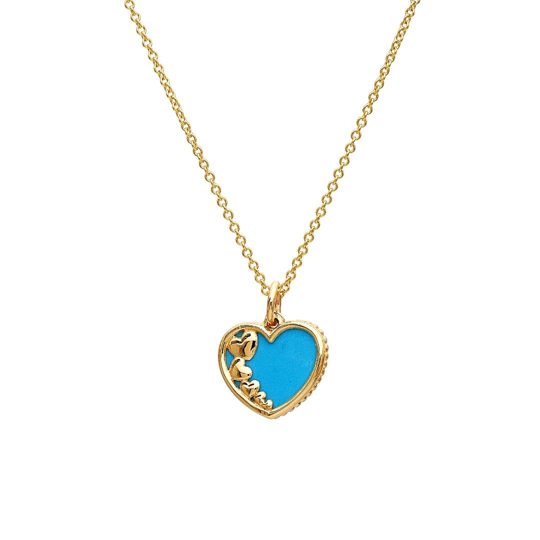 14K yellow gold necklace with turquoise heart pendant, 11.50mm width, 2.2g weight, elegant jewelry piece.