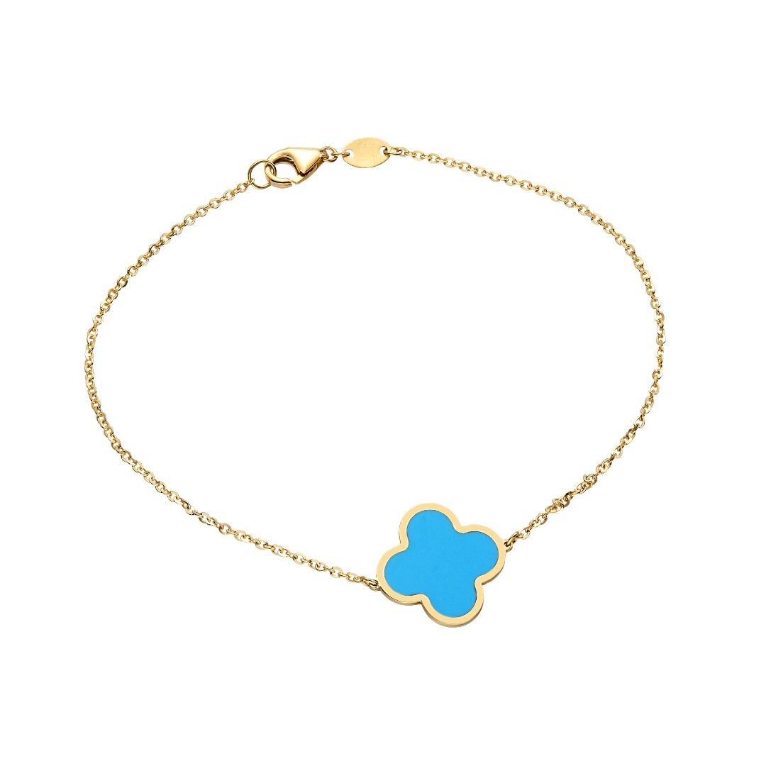 14K solid yellow gold four-leaf clover bracelet with turquoise charm, 7 inches long, lobster claw clasp, gift box included.