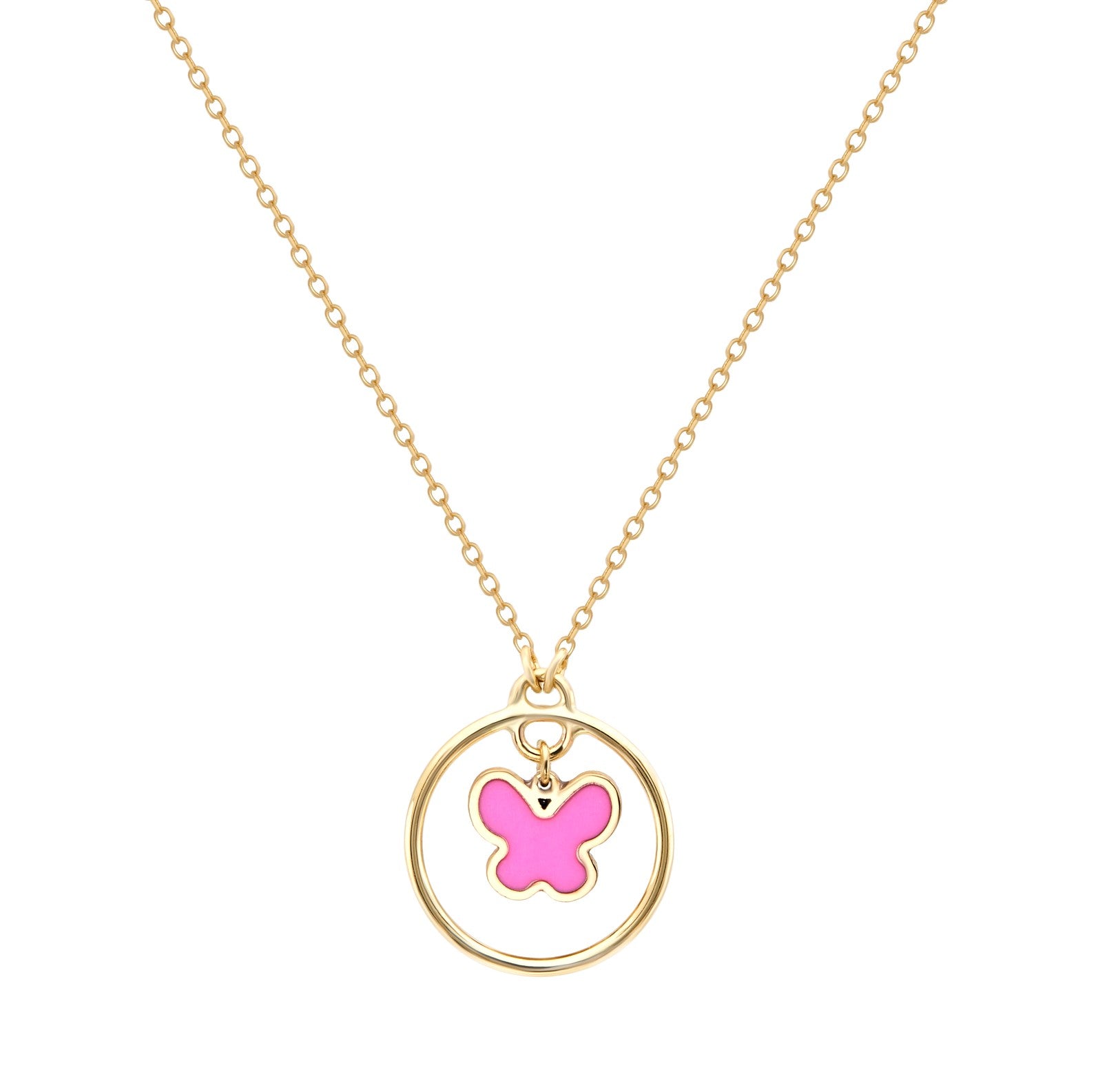 14K Solid Yellow Gold Minimalist Pink Butterfly Necklace