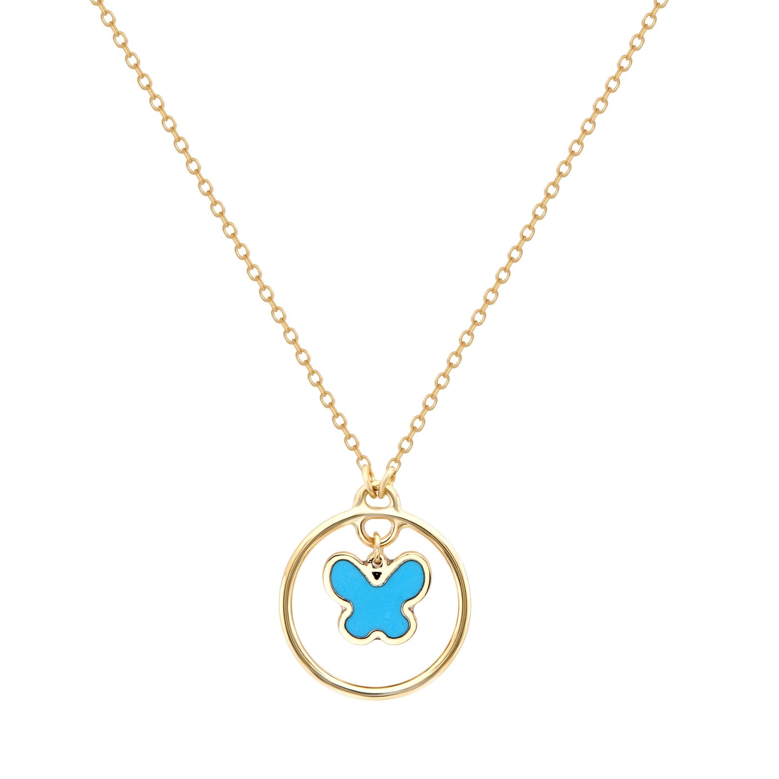 14K Solid Yellow Gold Minimalist Turquoise Butterfly Necklace