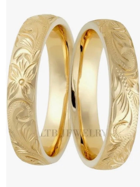 4mm 10K 14K 18K Yellow Gold Hand Engraved His and Hers Wedding Rings