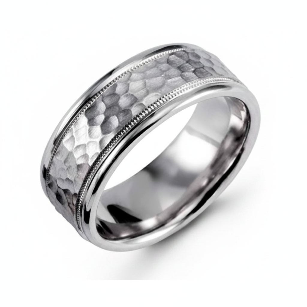 6mm 10K 14K 18K White Gold Hammered Finish Mens Wedding Bands