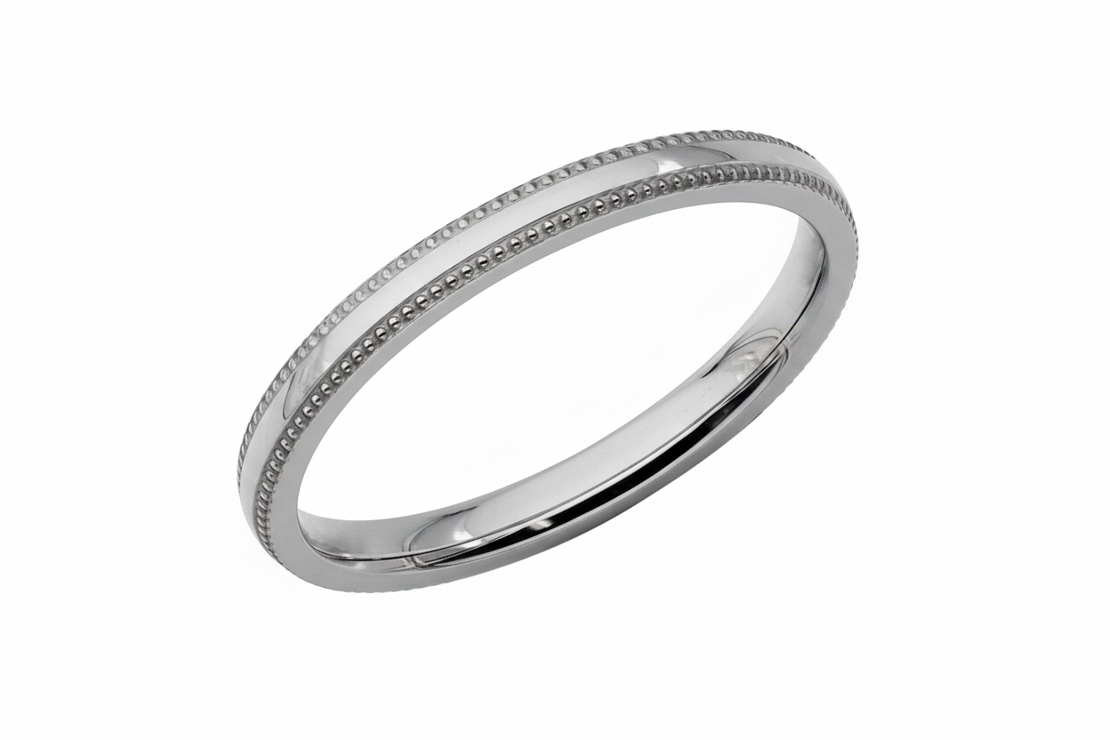 2mm 10K 14K 18K White Gold Dome Milgrain Mens and Womens Wedding Bands