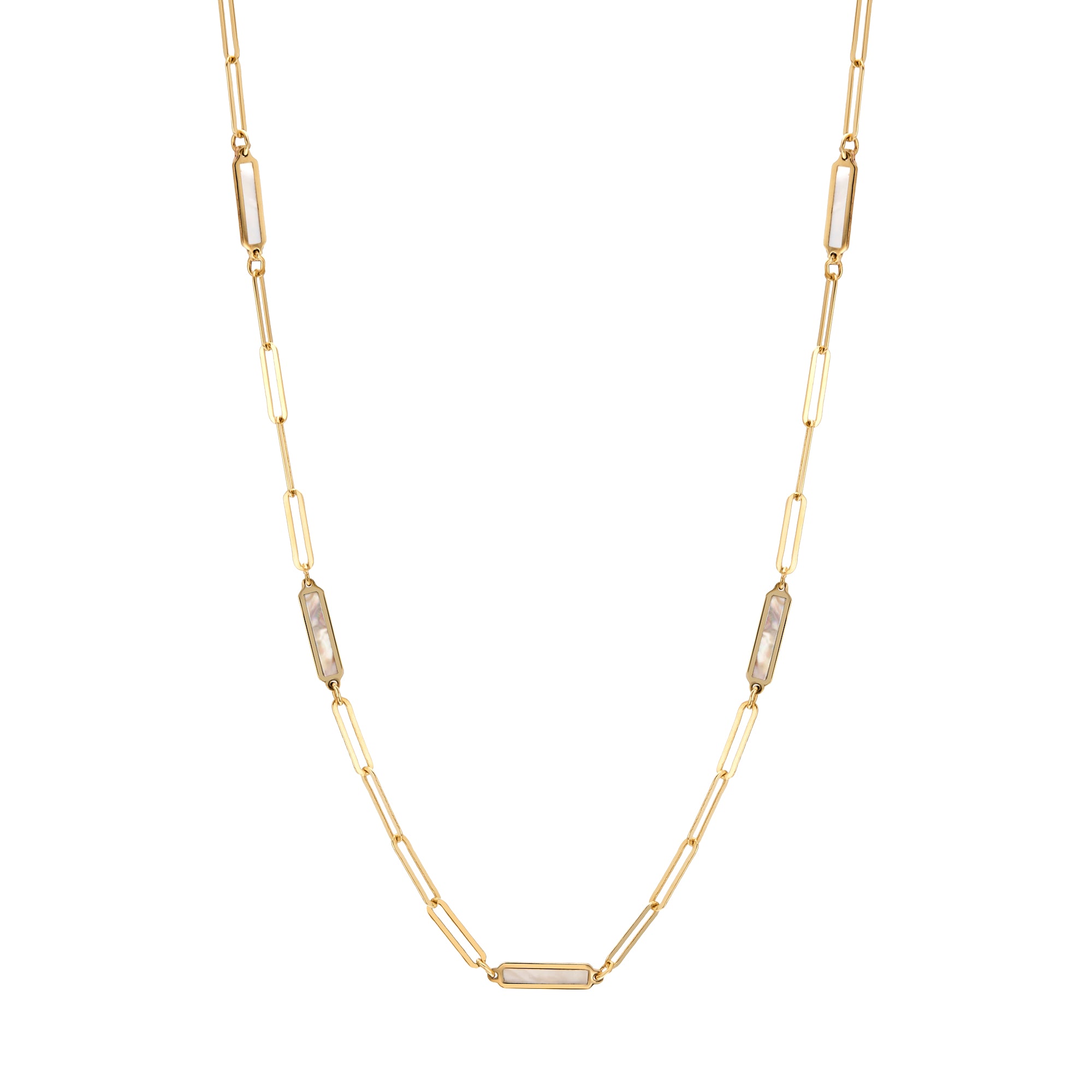 14K Solid Yellow Gold Station Mother of pearl Bar Necklace