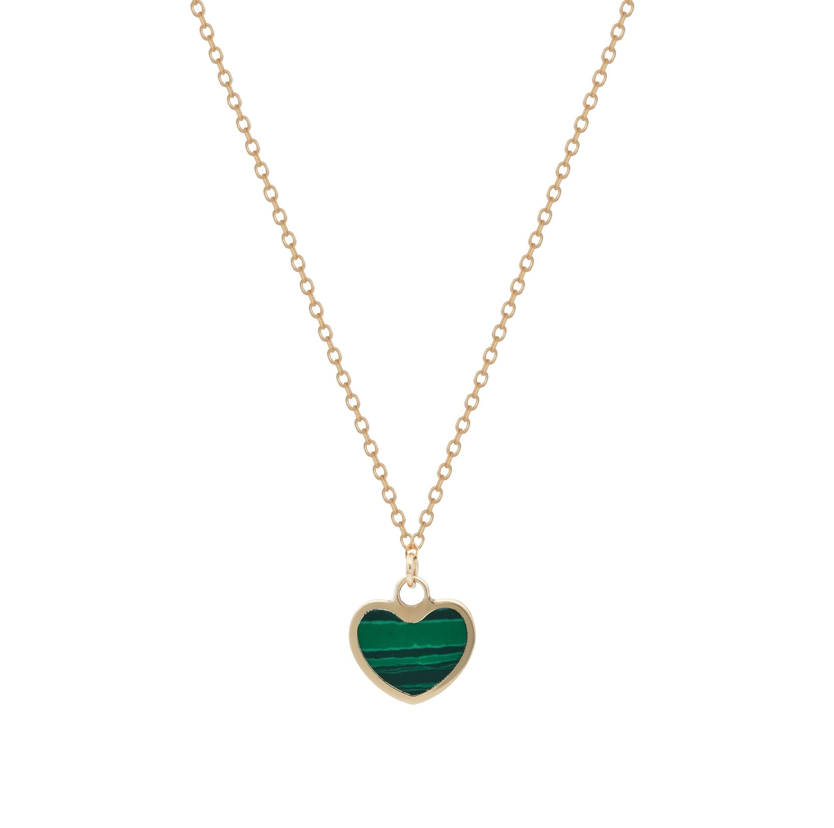 14K Solid Yellow Gold Minimalist Malachite Heart Necklace