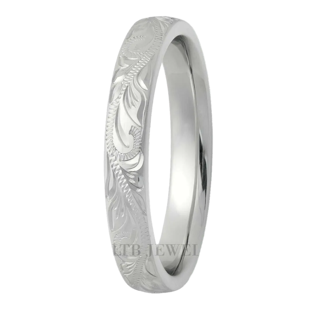 3mm 10K 14K 18K White Gold Hand Engraved Wedding Bands