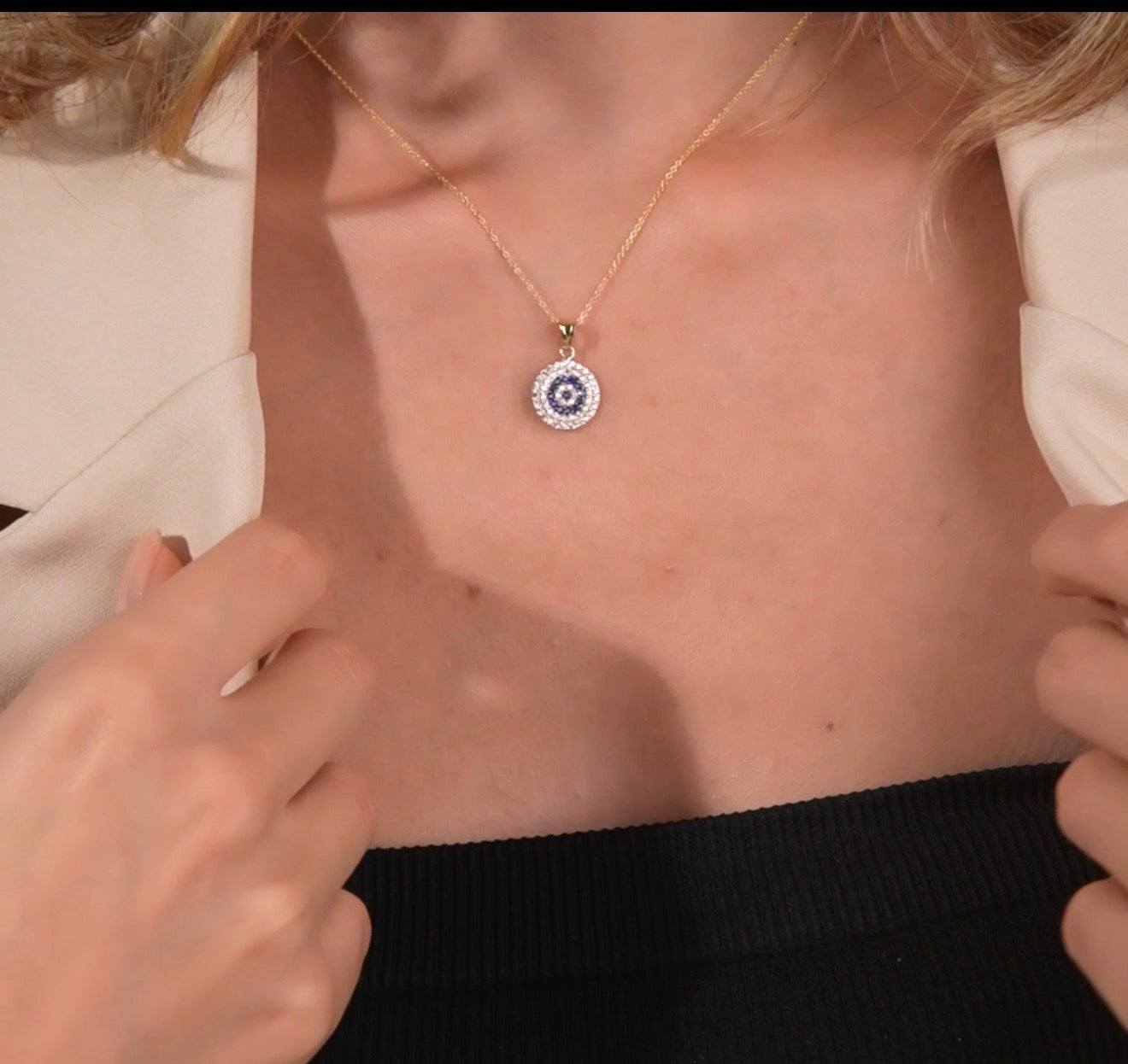 14K Solid Yellow Gold Round Evil Eye Pendant or Necklace