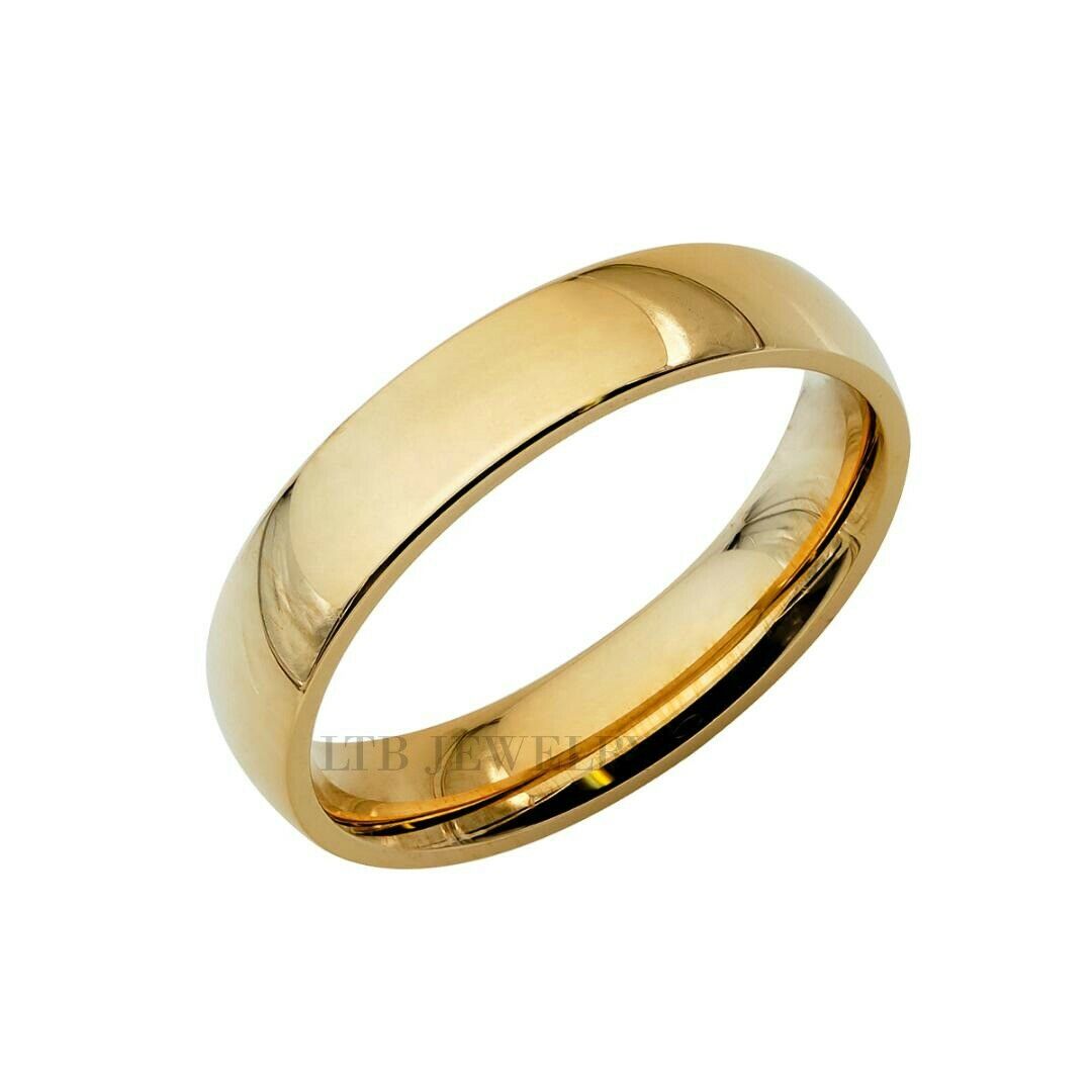 4mm 14K gold classic plain dome wedding band with shiny finish and comfort fit, made in New York, USA.