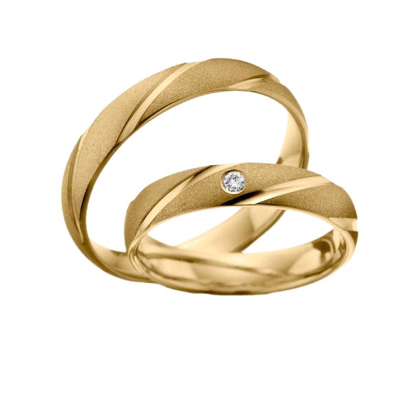 Elegant 10K 14K 18K yellow gold wedding bands with a brilliant diamond, featuring a unique twisted design.