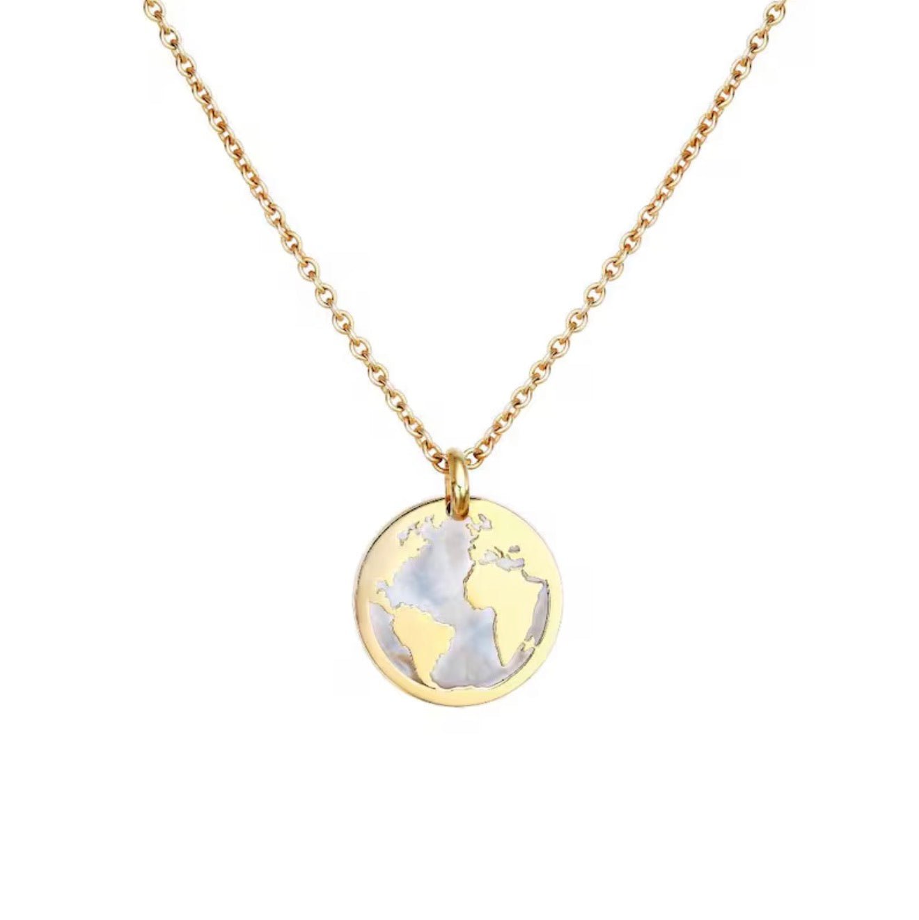 Collar de mapa del mundo de nácar de oro amarillo de 14 quilates