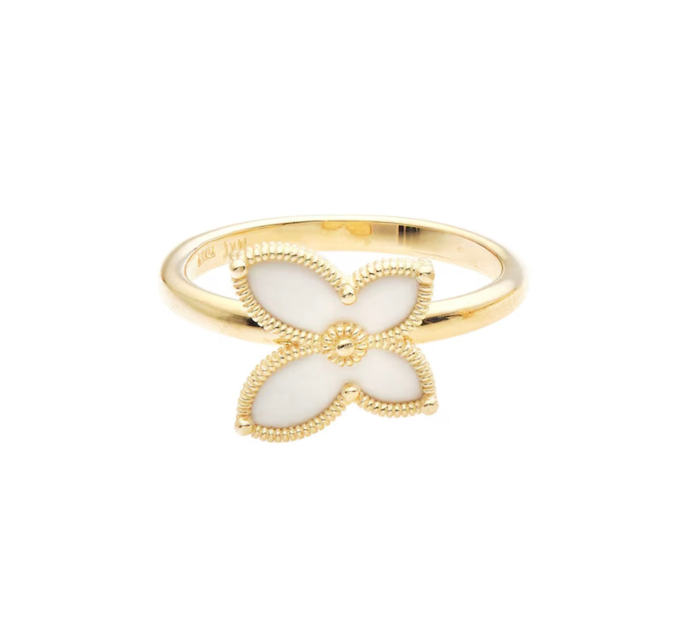 Bague papillon en émail blanc en or jaune massif 14 carats