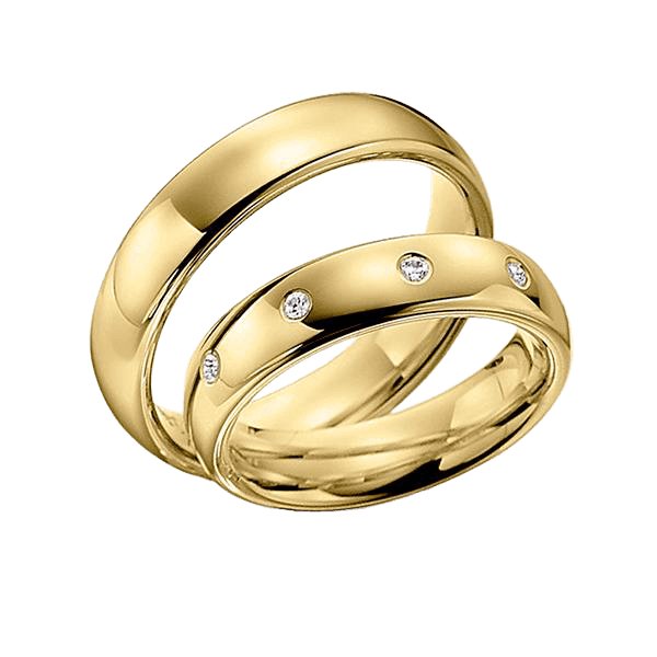 Simple elegant 10K 14K 18K yellow gold his and hers wedding bands with diamonds, comfort fitted, shiny finish.