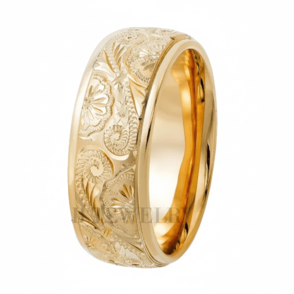Alliance pour homme gravée à la main en or jaune 14 carats de 8 mm