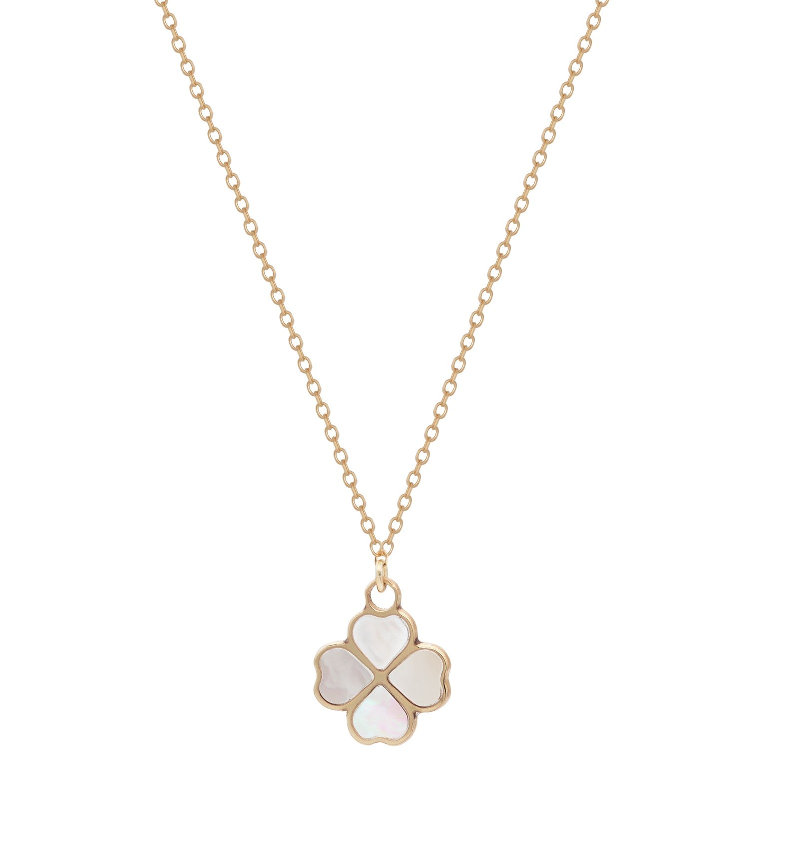 14K Yellow Gold Minimalist Mother of Pearl Four Leaf Clover Necklace