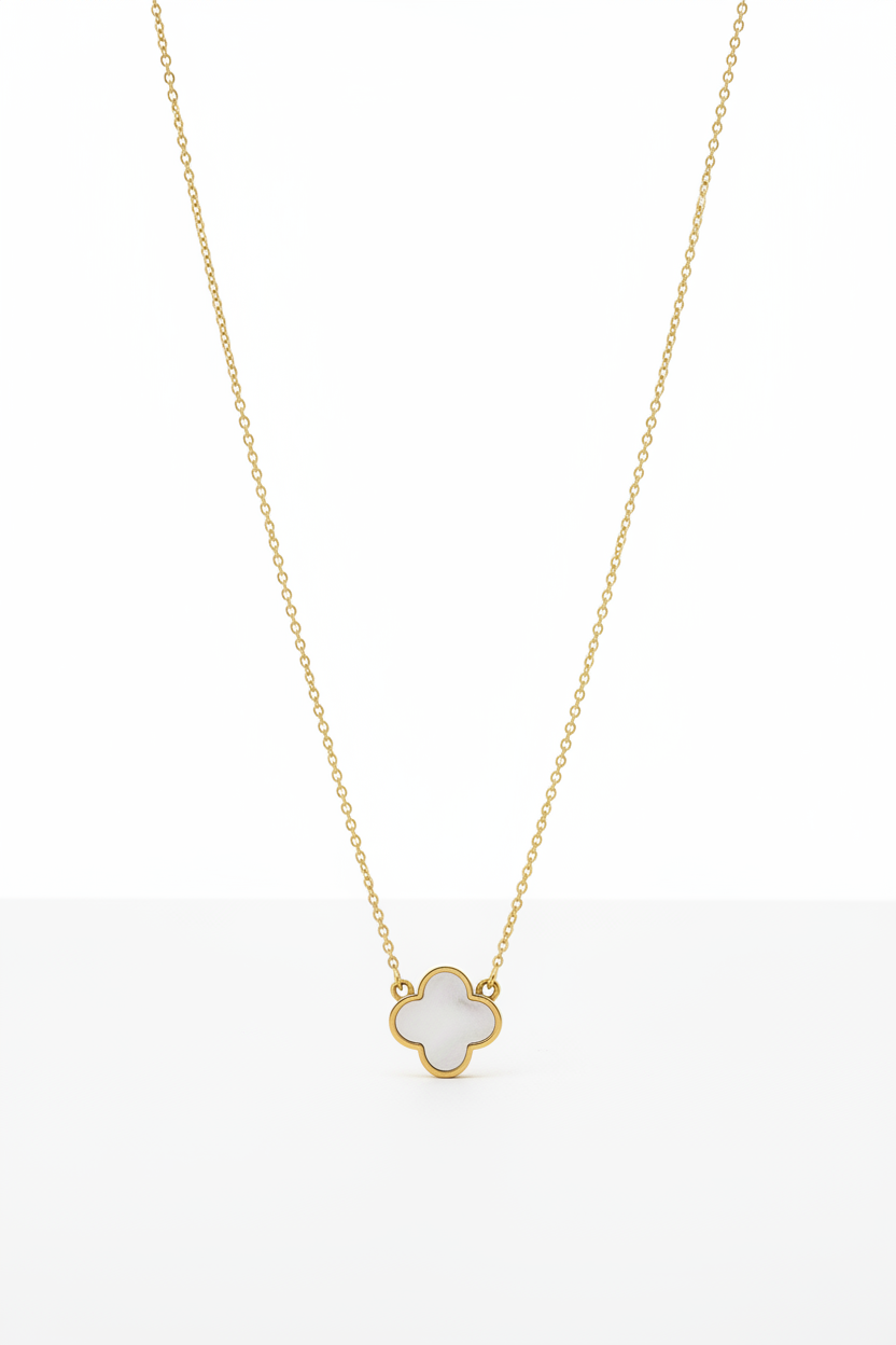 14K Solid Yellow Gold Single Mother of Pearl Clover Necklace